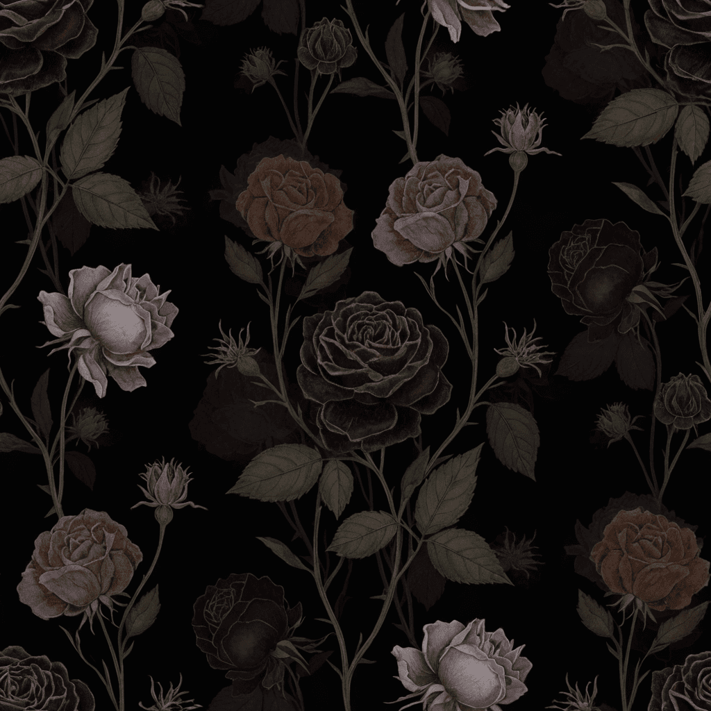 Fading roses, curled petals, darkened leaves, seed pods, and dried stems arranged in a graceful nocturnal composition. Use black cherry, dusty mauve, muted brown, smoke grey, dark olive, and pale bone highlights over a matte black background. Balance large aged blossoms with smaller botanical fragments and generous negative space, allowing some motifs to dissolve into shadow. Render with detailed botanical photography, soft pigment stains, and delicate hand-drawn lines. Preserve a refined, melancholic mood rather than a gothic horror aesthetic. Avoid mould, graphic decay, bright fresh greens, excessive skull-like imagery, clutter, and harsh contrast.