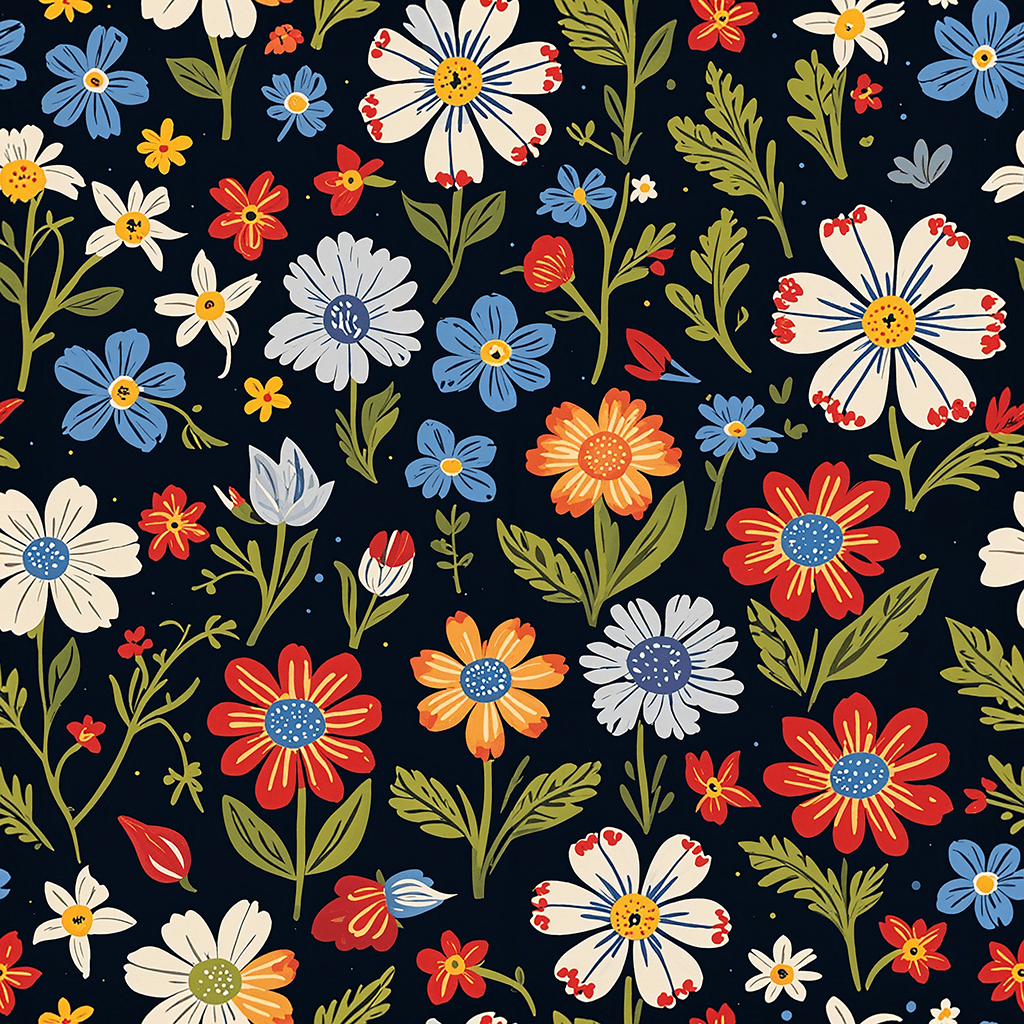 Generate a seamless pattern of wildflowers designed in a folk art style. Include symmetrical, simplified shapes of wildflowers like forget-me-nots, thistles, and primroses. Use bold colours with high contrast – like red, navy, and mustard – and add small decorative elements like dots, hearts, and stars for a charming, handcrafted look.
