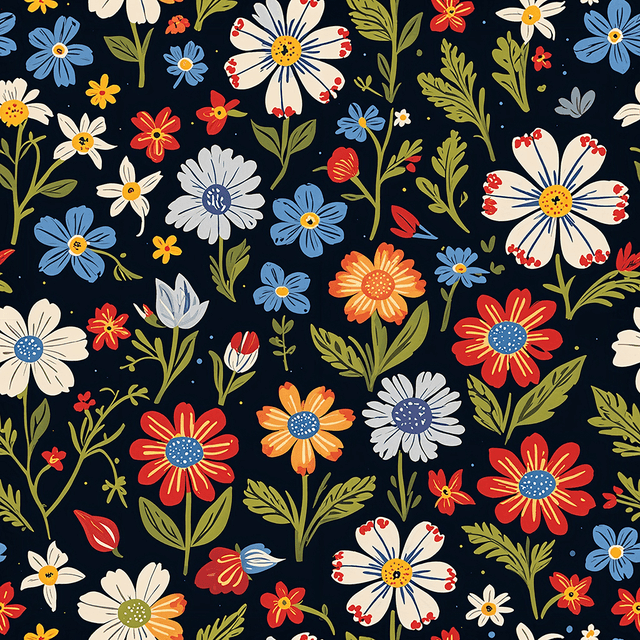 Generate a seamless pattern of wildflowers designed in a folk art style. Include symmetrical, simplified shapes of wildflowers like forget-me-nots, thistles, and primroses. Use bold colours with high contrast – like red, navy, and mustard – and add small decorative elements like dots, hearts, and stars for a charming, handcrafted look.