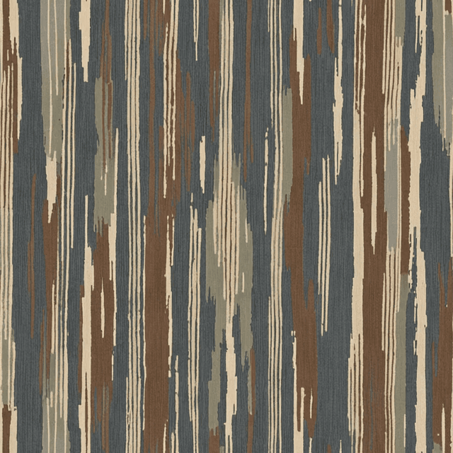 Worn ikat-style stripes in muted indigo, warm cocoa, and pale sage stretch vertically across a charcoal ground. The effect is faded and refined, like aged woven cloth.