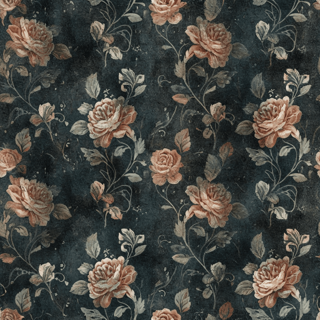 Weathered floral forms inspired by aged painted walls, featuring roses, lilies, curling vines, and scattered leaves partially obscured by dark plaster textures. Use blackened teal, faded blush, muted terracotta, smoky blue, sage grey, and worn ivory. Arrange large floral fragments in an irregular composition with peeling layers, softened edges, and sections disappearing into shadow. Combine handcrafted fresco marks, photographic cracks, and translucent painted petals while keeping the flowers recognisable. Avoid heavy grunge, illegible floral forms, bright clean colors, evenly distressed surfaces, rigid symmetry, and excessive cracking across every motif.
