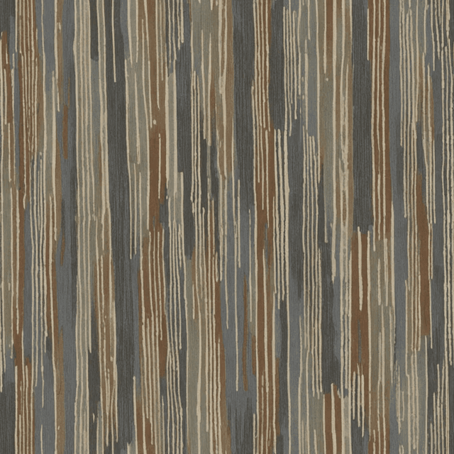 Worn ikat-style stripes in muted indigo, warm cocoa, and pale sage stretch vertically across a charcoal ground. The effect is faded and refined, like aged woven cloth.