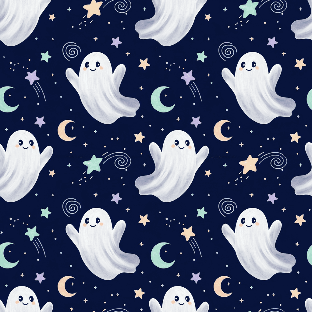 Friendly ghosts in soft white floating among pastel stars and moons across a midnight blue ground, whimsical and light-hearted