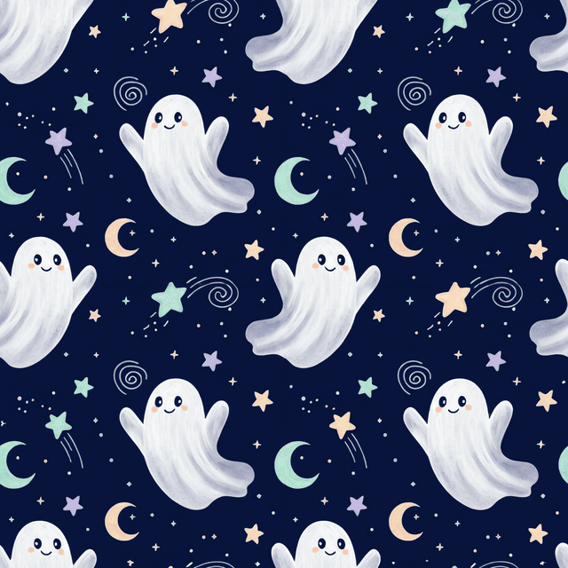 Friendly ghosts in soft white floating among pastel stars and moons across a midnight blue ground, whimsical and light-hearted