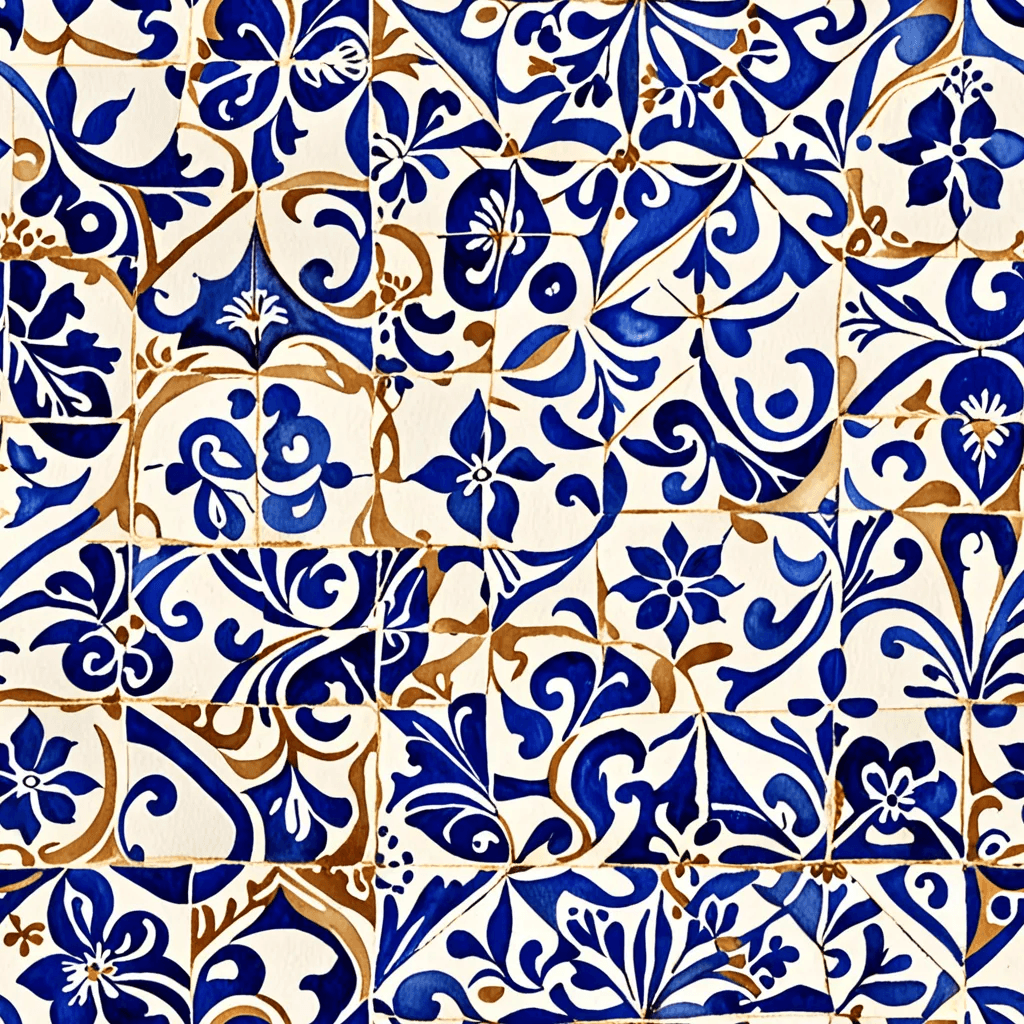 Mediterranean tiles in cobalt blue and white, with geometric and floral motifs. with bold Mediterranean tones, arranged in a dense, repeating tile layout, using a harmonious Mediterranean palette
