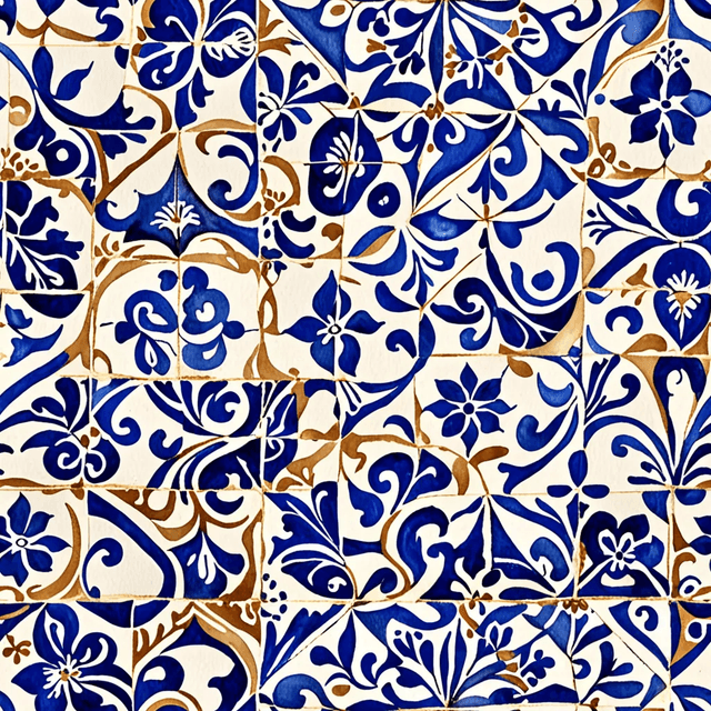 Mediterranean tiles in cobalt blue and white, with geometric and floral motifs. with bold Mediterranean tones, arranged in a dense, repeating tile layout, using a harmonious Mediterranean palette