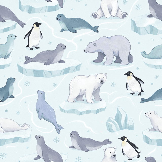 Arctic animals — polar bears, seals, penguins, painted in soft icy blues and greys, arranged on a frosty white background with gentle snow textures.