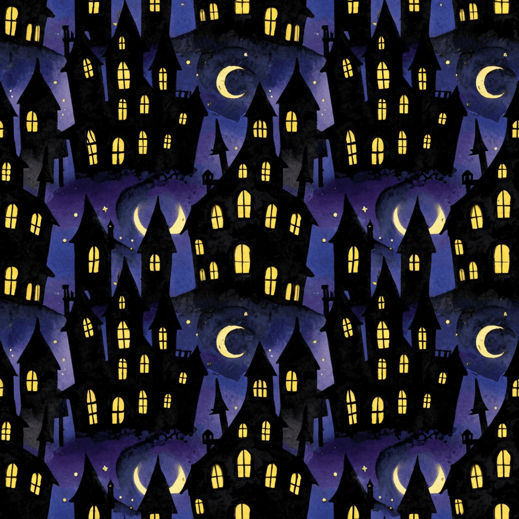 Overlapping haunted houses in silhouette style with glowing yellow windows repeating against a night-sky gradient background, bold and spooky