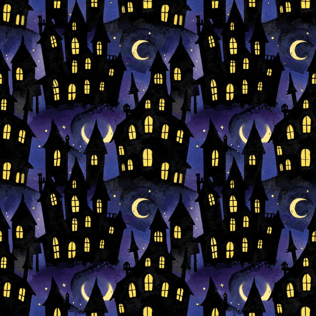 Overlapping haunted houses in silhouette style with glowing yellow windows repeating against a night-sky gradient background, bold and spooky