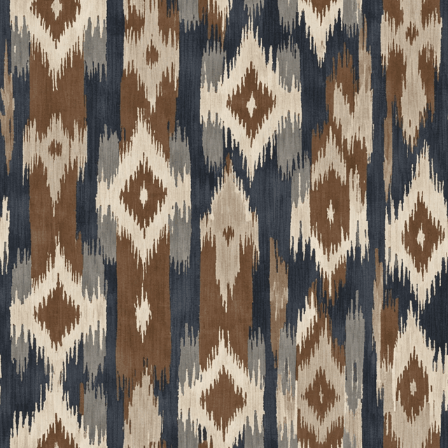 Vintage ikat motifs in warm cocoa and muted navy repeat in soft geometric rhythm across a deep stone base. The texture appears woven and distressed, capturing textile heritage in a refined palette.