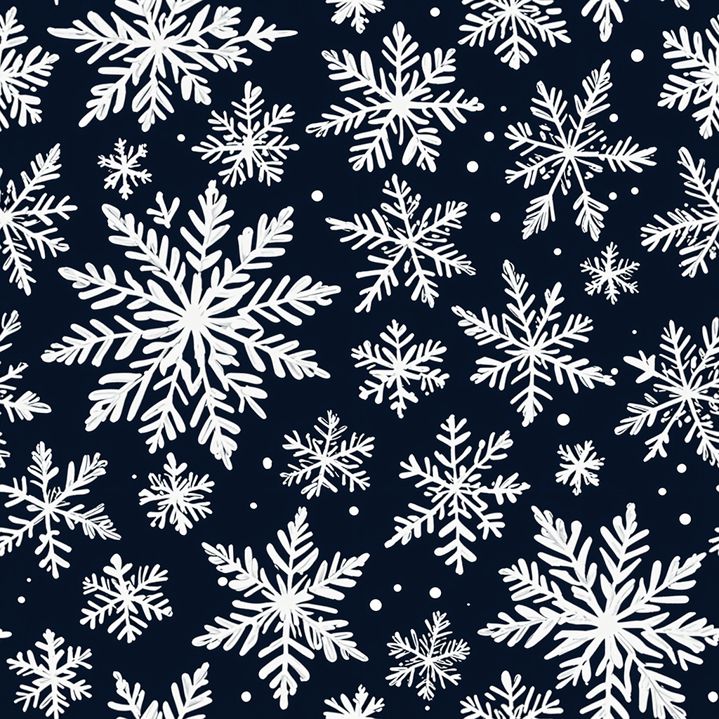 A whimsical snowflake pattern featuring intricate, hand-drawn snowflakes of varying shapes and sizes in soft white and light blue. Ensure that the snowflakes are distinctly separated from each other, scattered across a deep navy blue background.