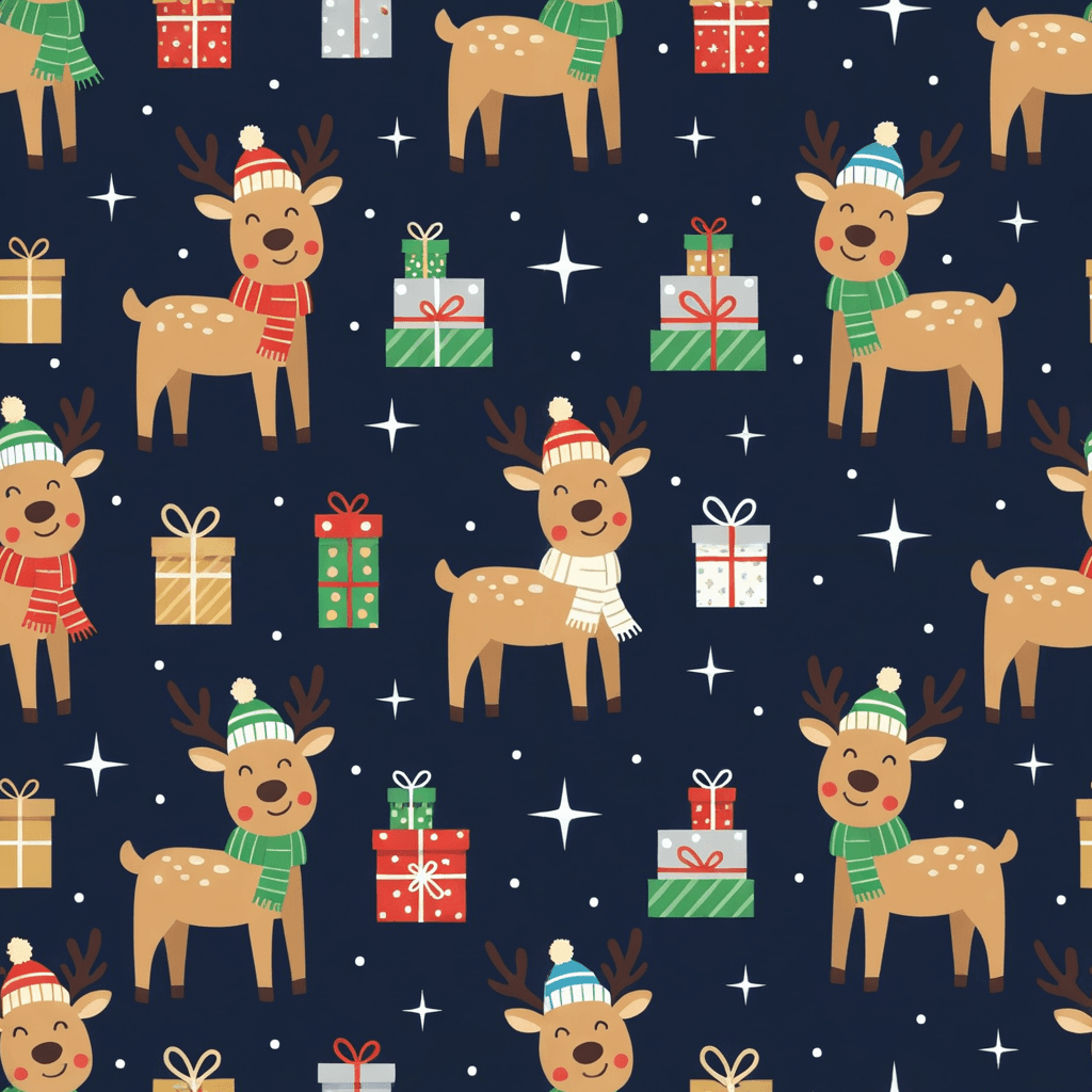 Playful reindeer wearing scarves and hats, surrounded by wrapped gifts and twinkling stars on a deep midnight blue background, drawn in a modern flat cartoon style.