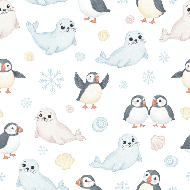 Cute baby seals and puffins surrounded by snowflakes and shells, drawn in soft pastel tones for a gentle nursery pattern. multiple poses. balanced and playful layout