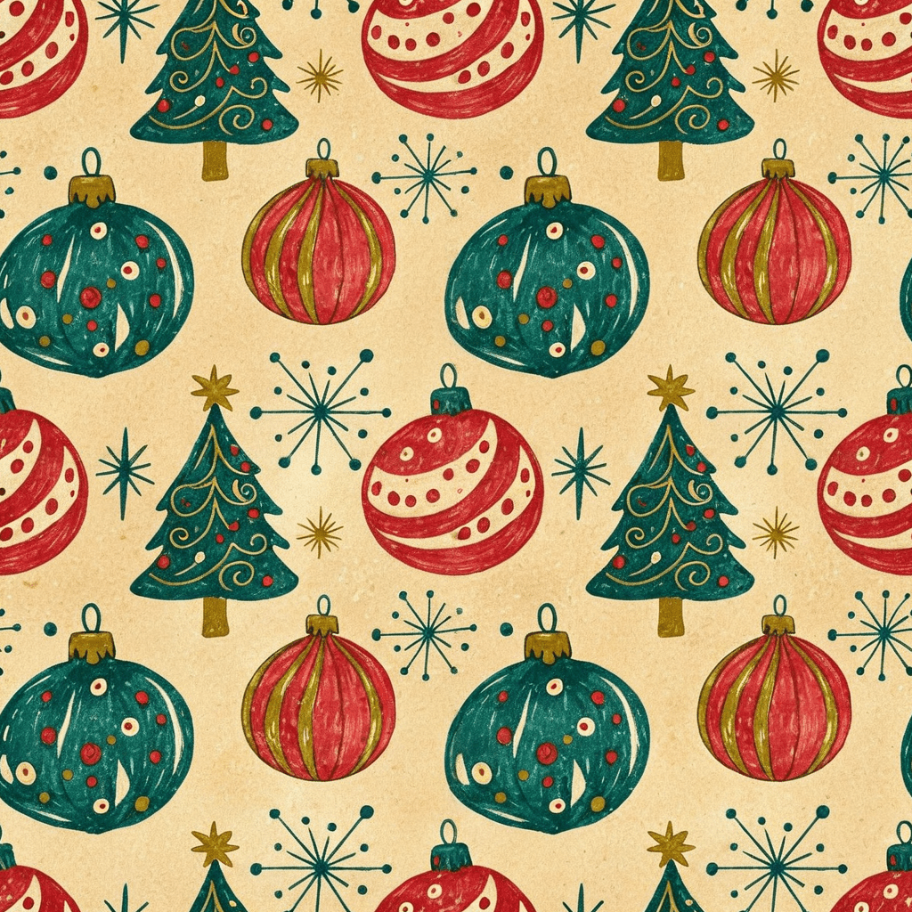 A vintage-inspired pattern featuring old-fashioned baubles, mid-century stars, and stylised Christmas trees. Use a nostalgic palette of teal, cherry red, and gold. Each element should have a hand-drawn, playful feel with a retro flair.