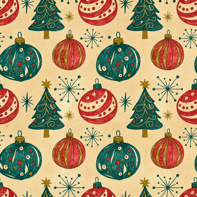A vintage-inspired pattern featuring old-fashioned baubles, mid-century stars, and stylised Christmas trees. Use a nostalgic palette of teal, cherry red, and gold. Each element should have a hand-drawn, playful feel with a retro flair.
