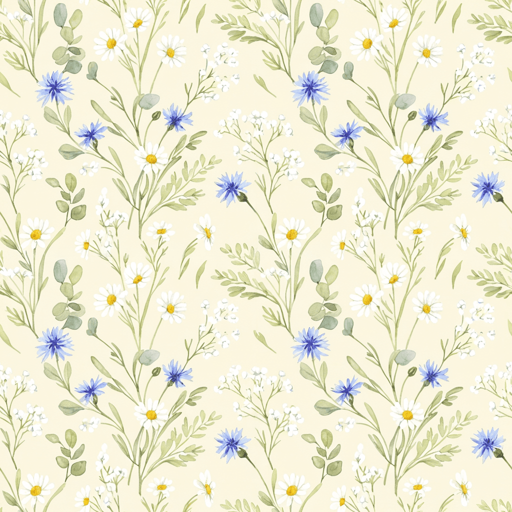 Delicate sprigs of wildflowers arranged over a warm ivory background, featuring chamomile, cornflowers, baby’s breath and soft green foliage, hand-painted botanical style. dynamic composition, no rigid grid