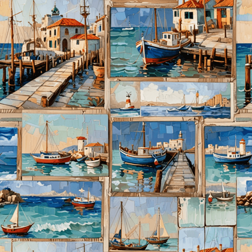 Patchwork of postcards with coastal motifs, boats and wooden piers, in a soft pastel palette, arranged in a dense, repeating tile layout, using a harmonious Mediterranean palette