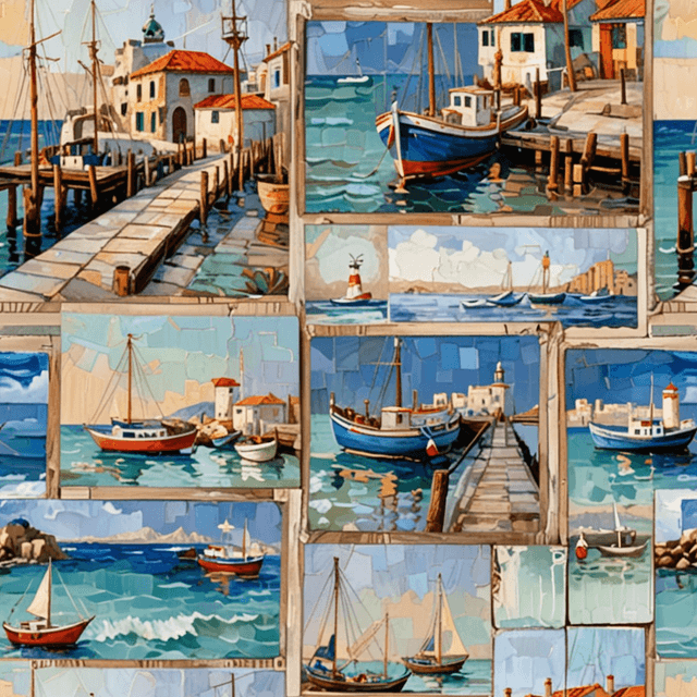 Patchwork of postcards with coastal motifs, boats and wooden piers, in a soft pastel palette, arranged in a dense, repeating tile layout, using a harmonious Mediterranean palette