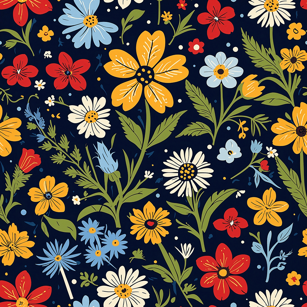 Generate a seamless pattern of wildflowers designed in a folk art style. Include symmetrical, simplified shapes of wildflowers like forget-me-nots, thistles, and primroses. Use bold colours with high contrast – like red, navy, and mustard – and add small decorative elements like dots, hearts, and stars for a charming, handcrafted look.