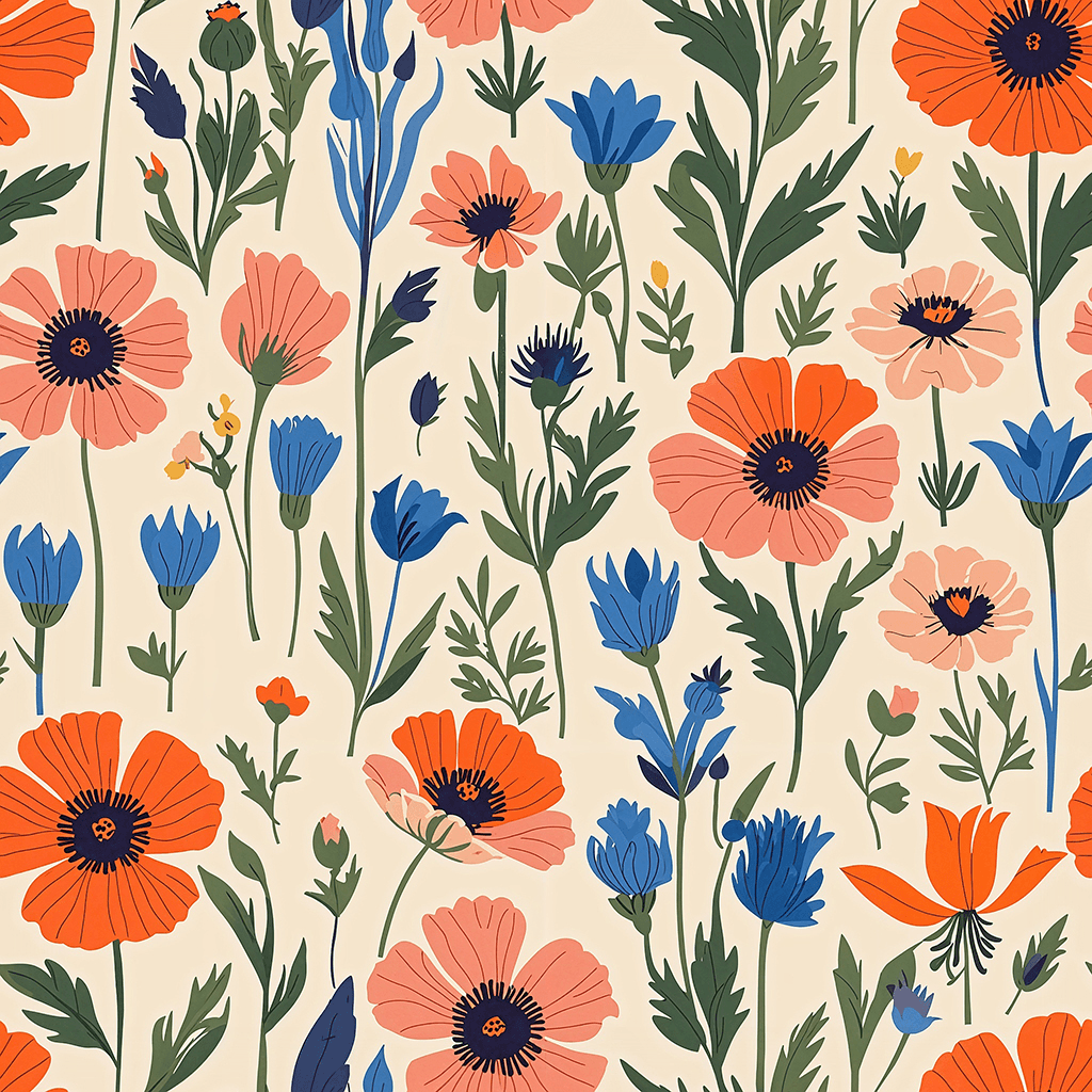 Stylised folk-art interpretation of spring wildflowers, including poppies, cornflowers, and irises. Use a balanced pastel palette with soft blues, warm oranges, and muted pinks on a creamy background. The flowers should be arranged in a charming, decorative style with simple geometric detailing.