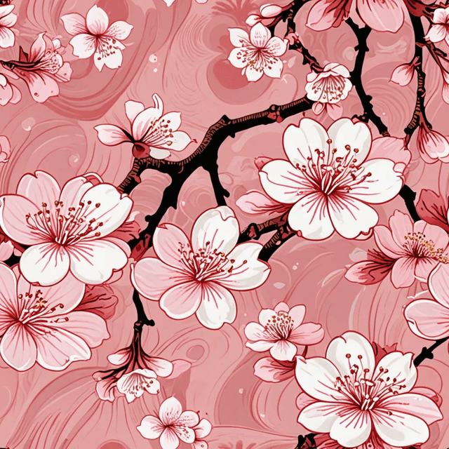 Create a seamless pattern featuring delicate sakura (cherry blossoms) in soft pinks and whites, drifting across a pale sky-blue or cream background. Use thin, elegant branches and subtle gradients to capture the fleeting beauty of spring in a traditional Japanese watercolour style.