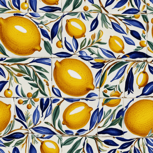 Lemon branches, olive sprigs and hand-painted ceramic tile patterns in cobalt blue, white and yellow, inspired by Southern Italy and Greece.
