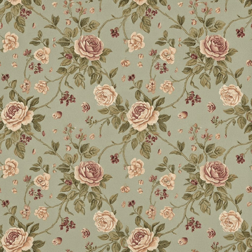 Create a seamless repeating pattern for bedding, wallpaper, and romantic cottage interiors, featuring climbing roses and twisting leafy vines as the primary motifs. Support them with rosebuds, tiny blossoms, curved tendrils, small berries, and scattered petals. Arrange the composition in an elegant diagonal-flow repeat with medium-scale floral clusters, graceful movement, and balanced negative space. Use a faded sage-green background with antique blush, dusty rose, warm ivory, muted burgundy, olive green, and soft beige. Render the design in a vintage botanical painting style with refined brushwork, slightly faded pigments, delicate paper texture, and an archival wallpaper finish. Keep the pattern seamless, print-ready, and continuous across all edges. Avoid broken vines, cropped roses, neon colors, muddy petals, overly dense foliage, cheap clipart, distorted leaves, and obvious seams.