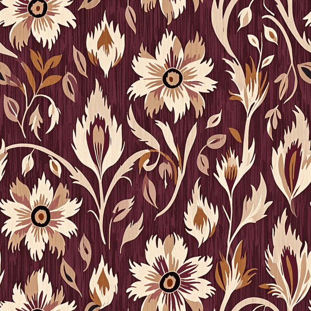 A tapestry of ikat-influenced florals in vintage plum, beige, and charcoal weaves softly across a warm brown base. The layout is large-scale and painterly, with textile-like texture.