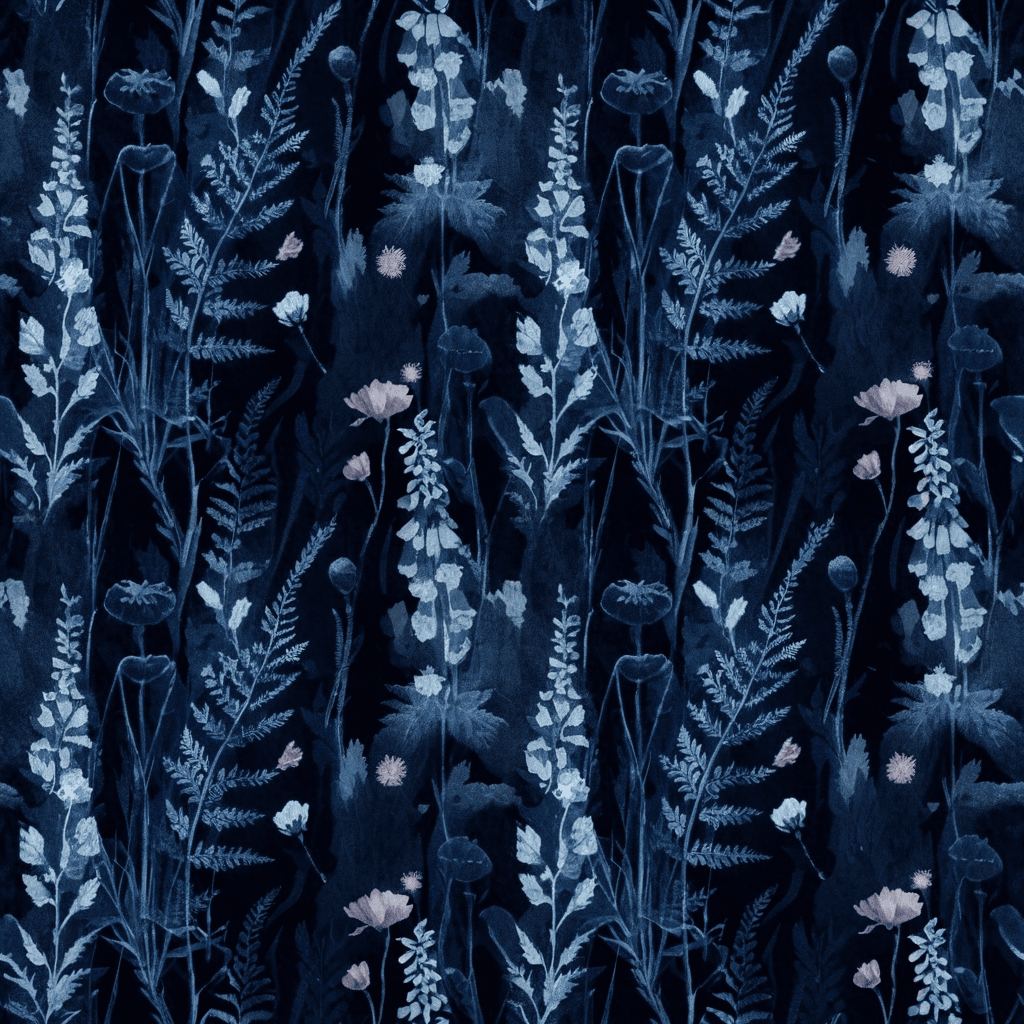 Botanical silhouettes of ferns, foxgloves, poppies, and fine grasses layered in deep Prussian blue, blackened indigo, and pale cyan against a midnight ground. Mix crisp cyanotype-like impressions with blurred photographic shadows and hand-brushed pigment marks. Arrange the plants in varied directions with overlapping transparency, medium-scale motifs, and balanced negative space. Introduce a few muted lavender and silver-white floral details to create restrained luminosity. Avoid flat two-color repetition, rigid specimen rows, harsh white silhouettes, excessive visual noise, obvious rectangular layers, and overly modern geometric elements.
