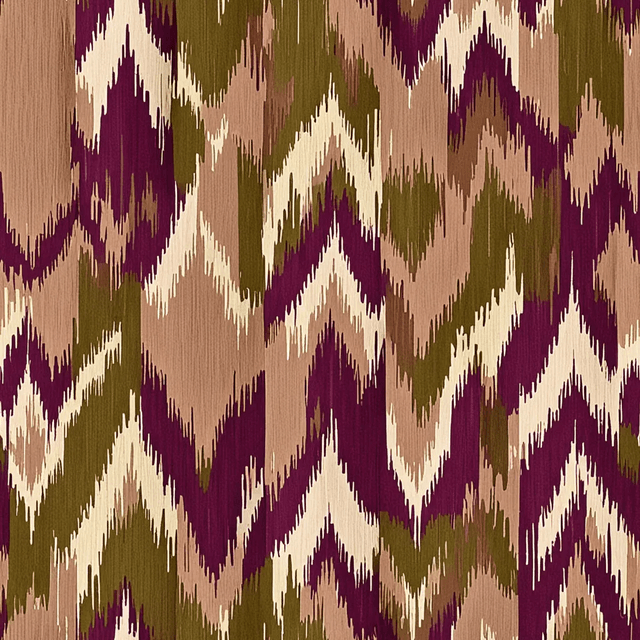 Vintage ikat chevrons in deep plum and olive green ripple across a textured ground of aged taupe. The repeat is bold yet softened, evoking faded textiles and heritage design.