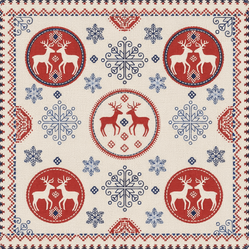Nordic folk-style reindeer pattern with symmetrical geometric shapes, snowflakes, and stitched borders in red, white, and navy tones.
