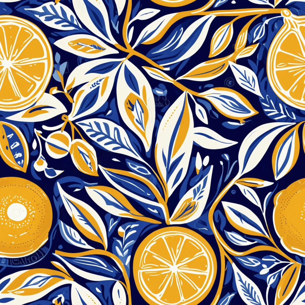 Lemon branches, olive sprigs and hand-painted ceramic tile patterns in cobalt blue, white and yellow, inspired by Southern Italy and Greece.