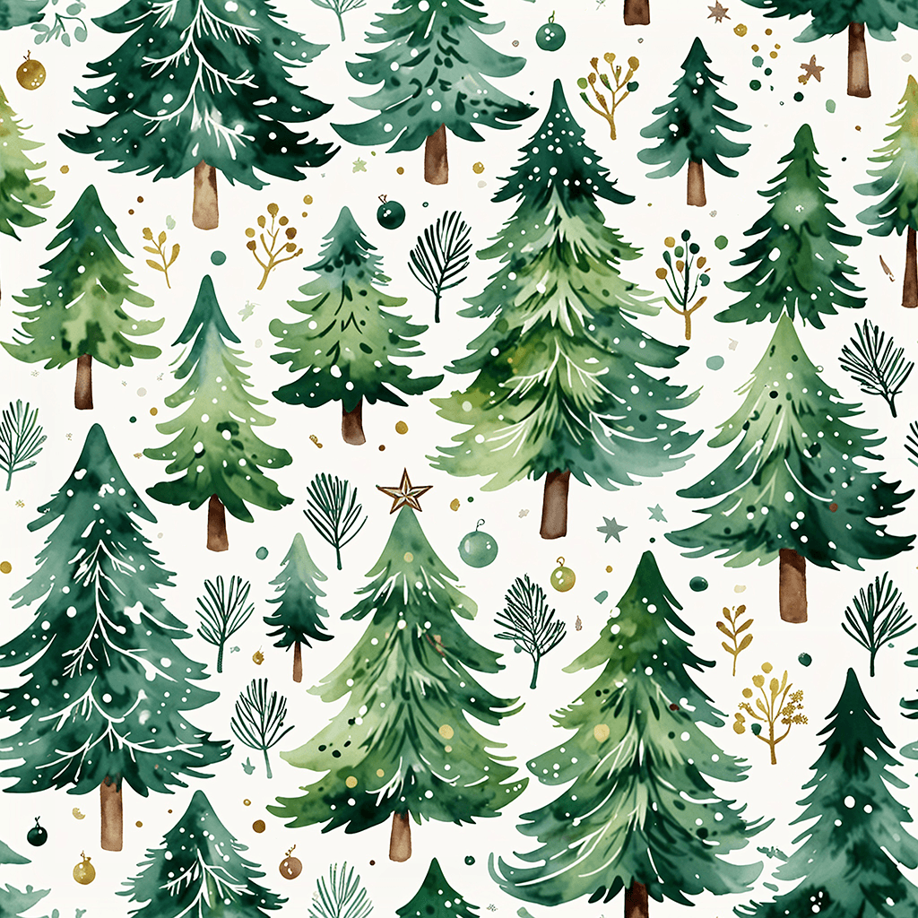 Hand-painted watercolour Christmas trees in a mix of styles—classic, modern, and abstract. Each tree should have soft brush strokes, varied green hues, and subtle decorative touches like fairy lights or baubles. Set on a light, snowy background for a whimsical and artistic effect.