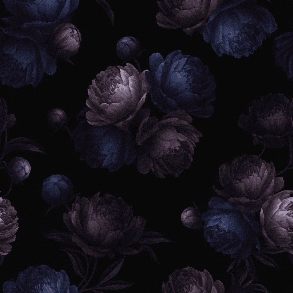 Large peonies and partially opened buds emerging from a near-black background, with petals shifting through midnight blue, bruised violet, muted plum, and smoky mauve. Arrange the blooms in a dramatic, dynamic composition with no rigid grid, cropped foliage, shadowed stems, and generous dark space between clusters. Add restrained glistening highlights along selected petal edges, as though illuminated by moonlight. Blend realistic floral detail with softened focus and subtle analogue grain. Avoid bright daylight colors, evenly spaced bouquets, rigid rows, harsh cutout edges, excessive sparkle, and flat black shadows.
