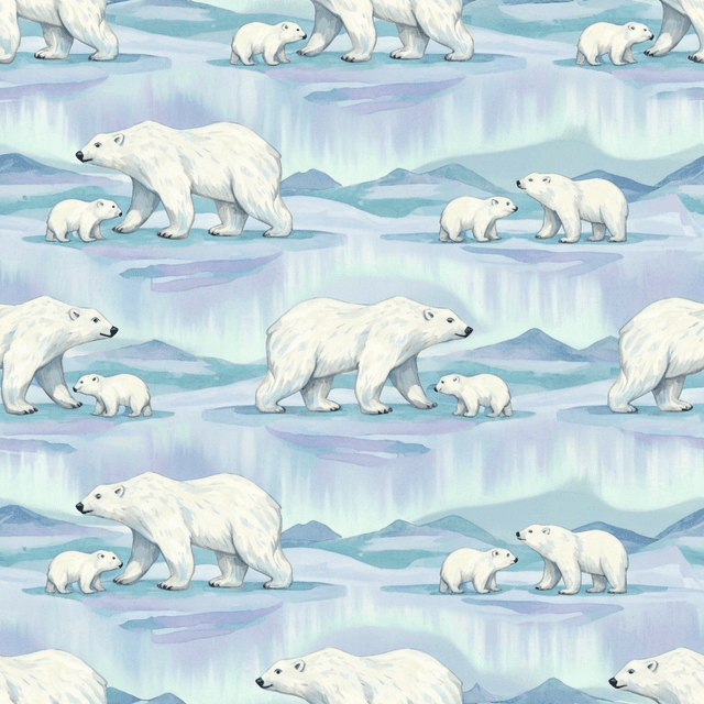 Elegant pattern of polar bears and cubs walking across an icy landscape, painted in a semi-realistic gouache style with gentle shading.