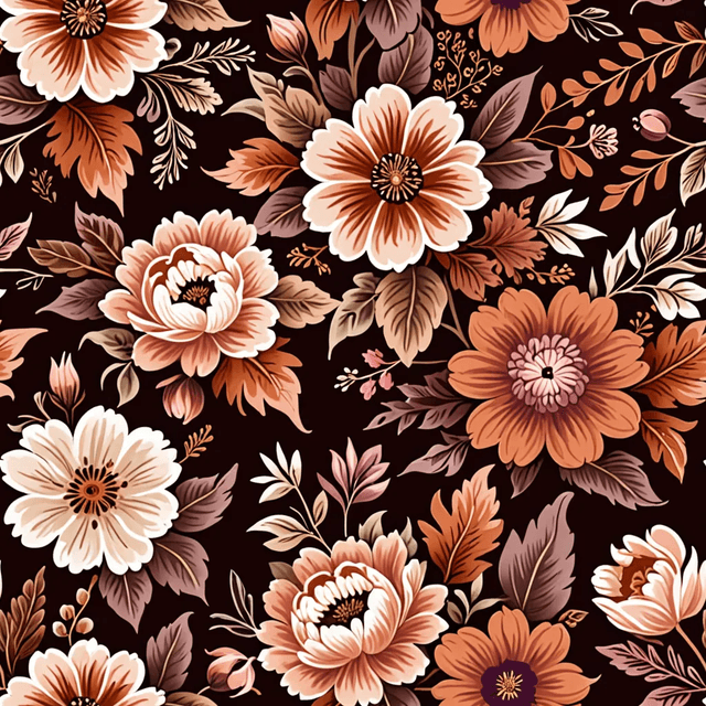 Painted fall florals in burnt orange, soft blush, and deep plum cluster over a chocolate brown ground. The arrangement is dense yet graceful, evoking traditional bouquets with baroque richness and a hand-brushed finish.