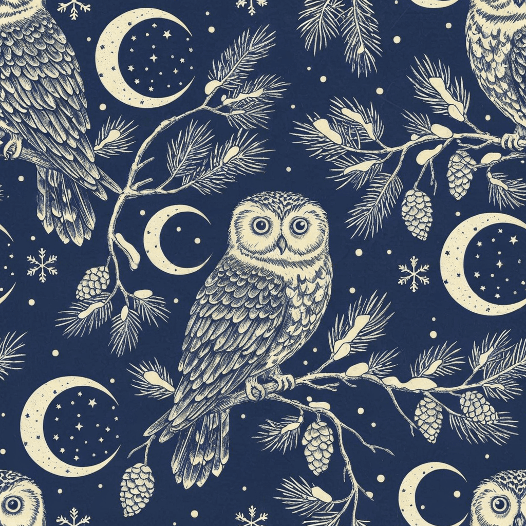 Stylised snowy owls perched on pine branches with crescent moons, drawn in a moody vintage etching style using deep blue and cream hues.