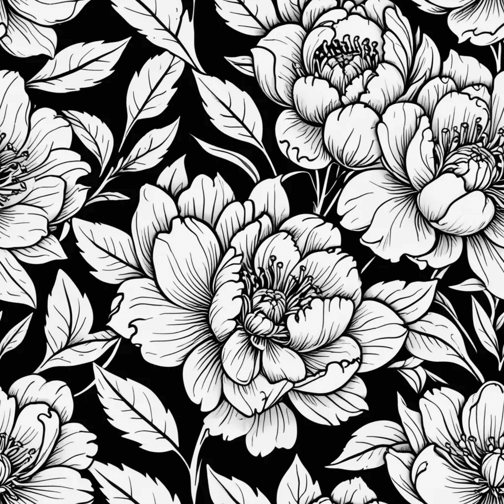 Line art drawing ten peonies , created with clean vector lines, balanced negative space, and a sleek, modern graphic style. Professional and minimalist, designed as a seamless repeat pattern