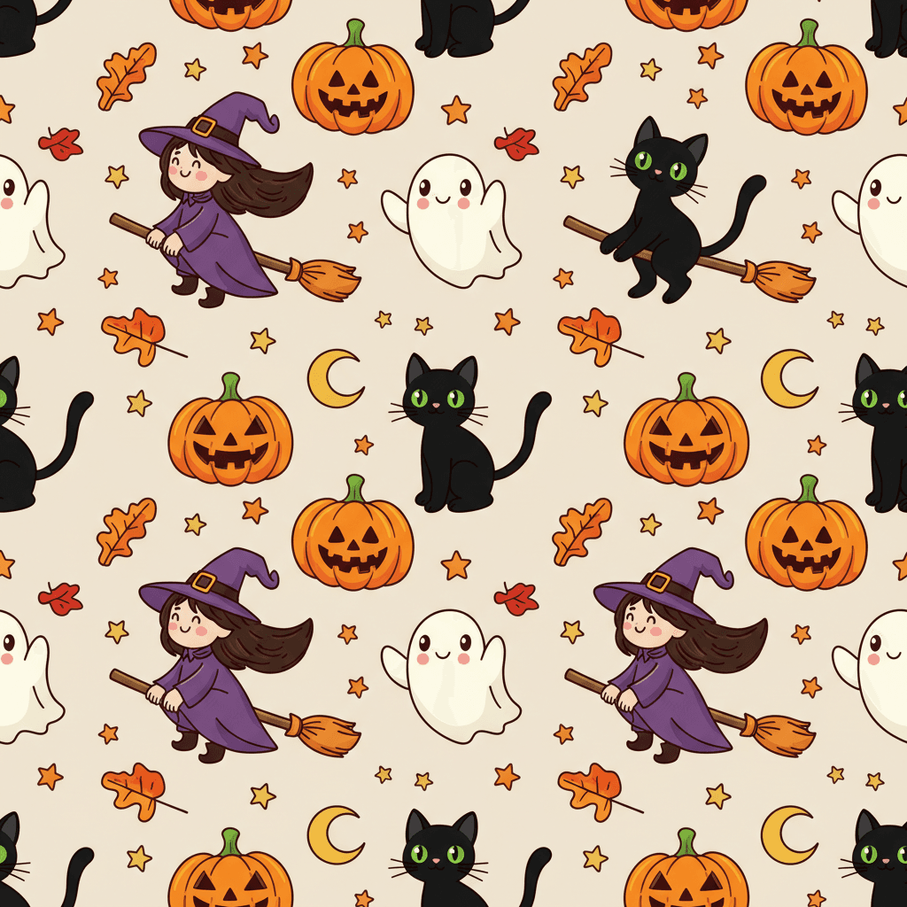 Smiling pumpkins, cartoon ghosts, black cats, and a witch with a pointed hat repeat in a consistent style across a light beige background, arranged evenly with small stars, moons, and autumn leaves as fillers, clean and cute