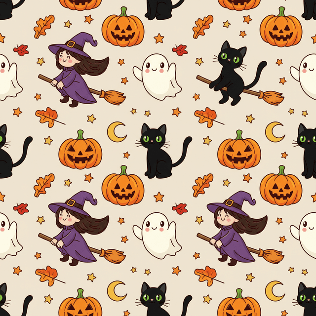 Smiling pumpkins, cartoon ghosts, black cats, and a witch with a pointed hat repeat in a consistent style across a light beige background, arranged evenly with small stars, moons, and autumn leaves as fillers, clean and cute