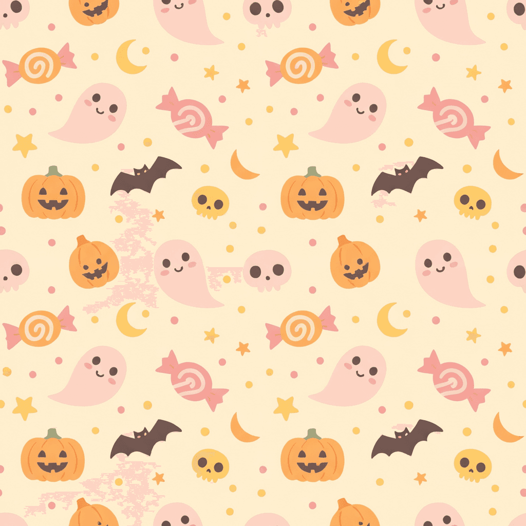 Playful Halloween candy shapes in pink, orange, and yellow scattered across a cream background, cute and cheerful for younger audiences