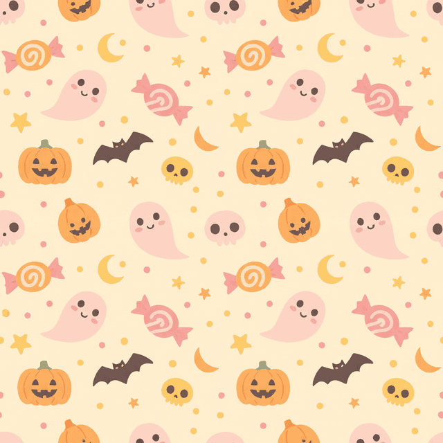 Playful Halloween candy shapes in pink, orange, and yellow scattered across a cream background, cute and cheerful for younger audiences