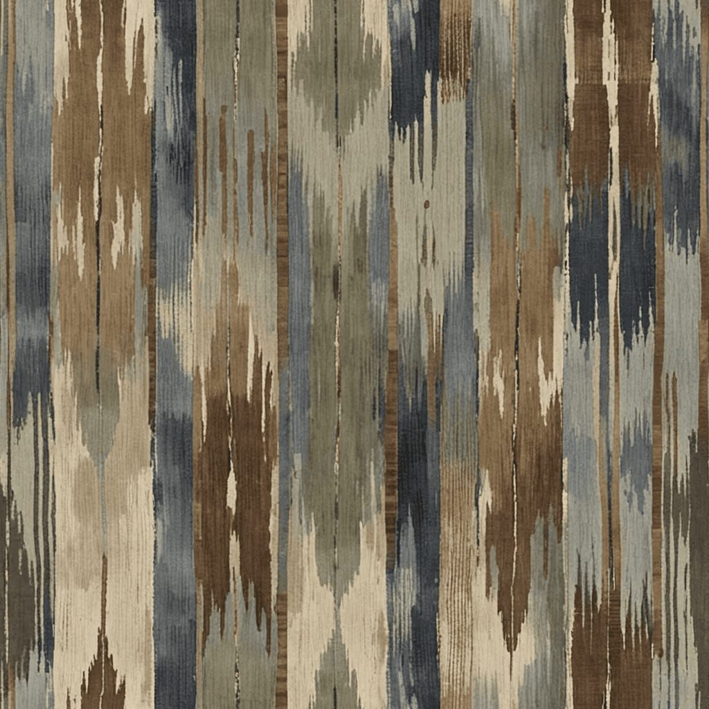 Worn ikat-style stripes in muted indigo, warm cocoa, and pale sage stretch vertically across a charcoal ground. The effect is faded and refined, like aged woven cloth.