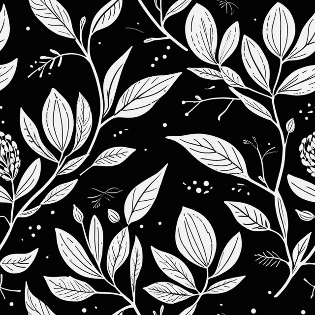 Create a seamless pattern of slender botanical sprigs, leaves, and minimalist floral buds drawn with a consistent monoline technique. Use a calm, monochromatic palette ideal for eco-conscious branding and minimalist wrapping paper.