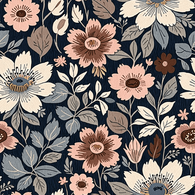 Tapestry-style florals in muted indigo, dusky pink, and dark brown form symmetrical bouquets across a warm slate canvas. The pattern is rich and historic, like old woven linen.