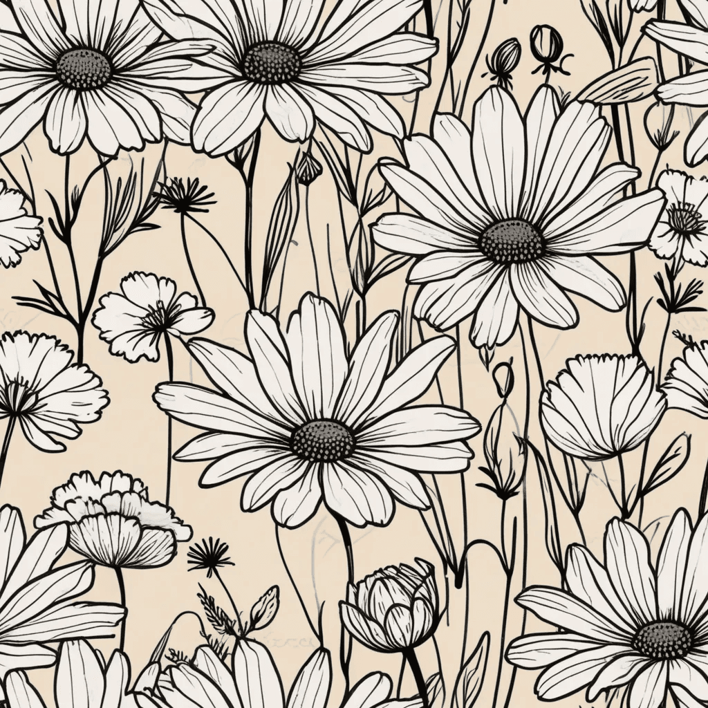 Create a seamless pattern featuring delicate line-drawn wildflowers such as daisies, lavender, and buttercups. Use fine, continuous lines in black or deep grey on a white or soft beige background for a clean, minimalist aesthetic.