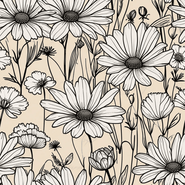 Create a seamless pattern featuring delicate line-drawn wildflowers such as daisies, lavender, and buttercups. Use fine, continuous lines in black or deep grey on a white or soft beige background for a clean, minimalist aesthetic.