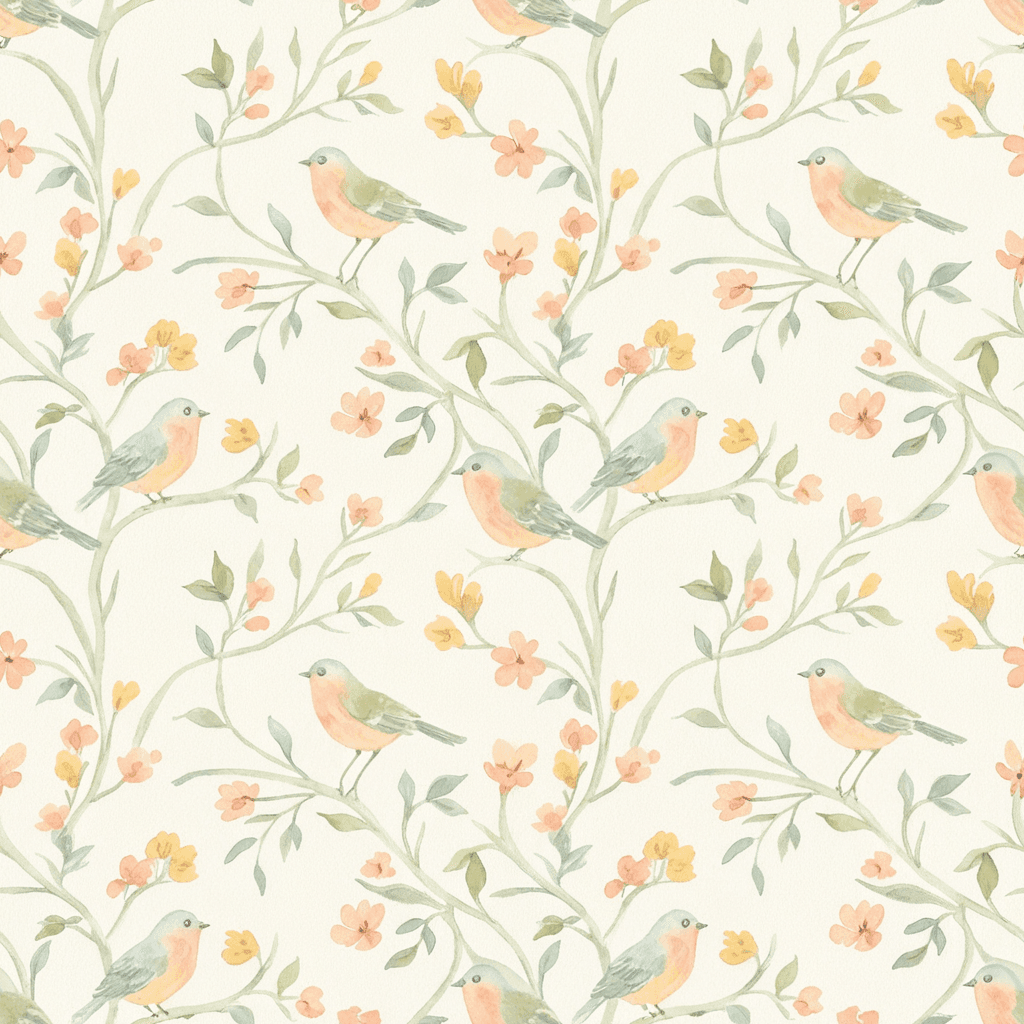 Tiny songbirds, painted in soft peach, sage green, butter yellow and powder blue.