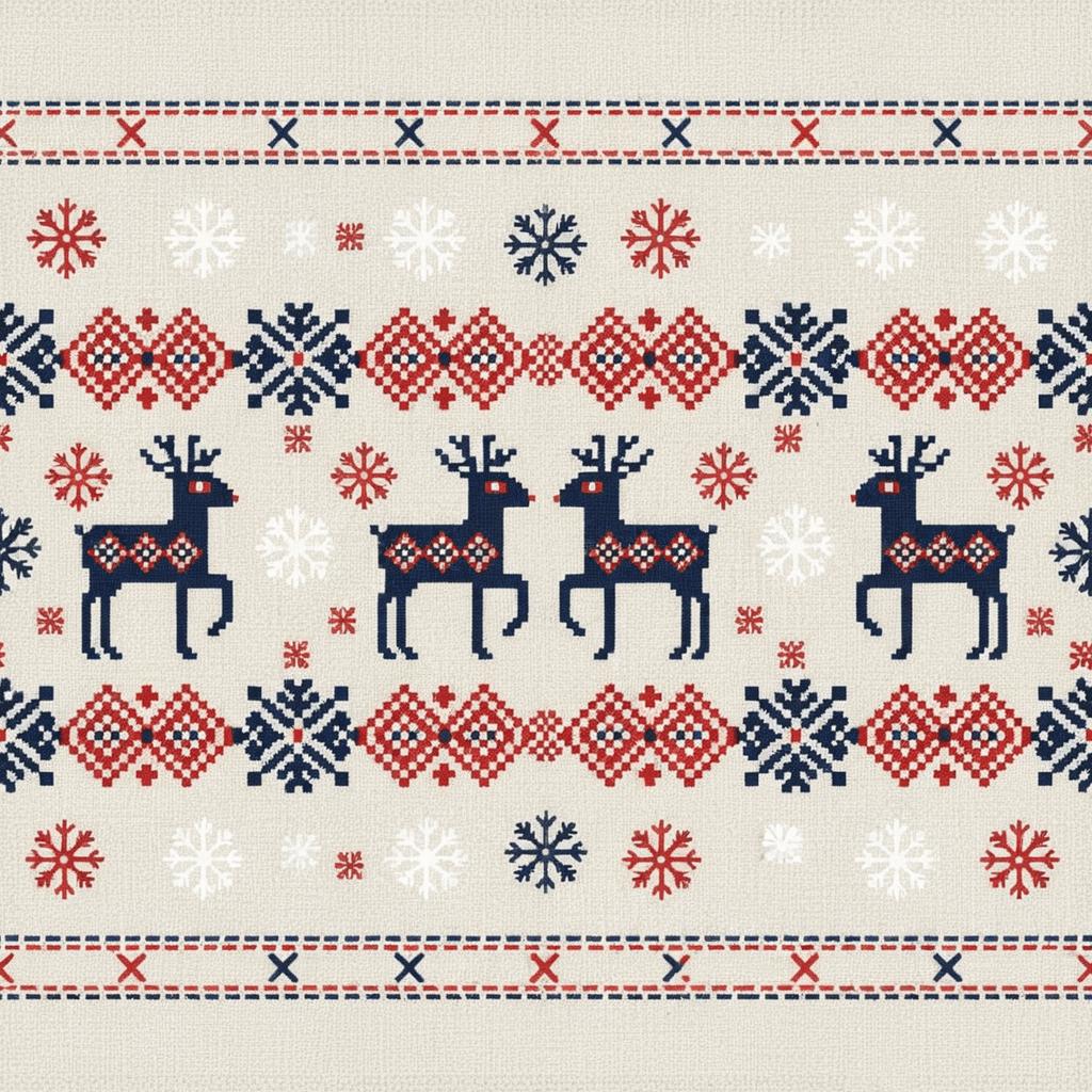 Nordic folk-style reindeer pattern with symmetrical geometric shapes, snowflakes, and stitched borders in red, white, and navy tones.