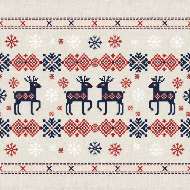 Nordic folk-style reindeer pattern with symmetrical geometric shapes, snowflakes, and stitched borders in red, white, and navy tones.